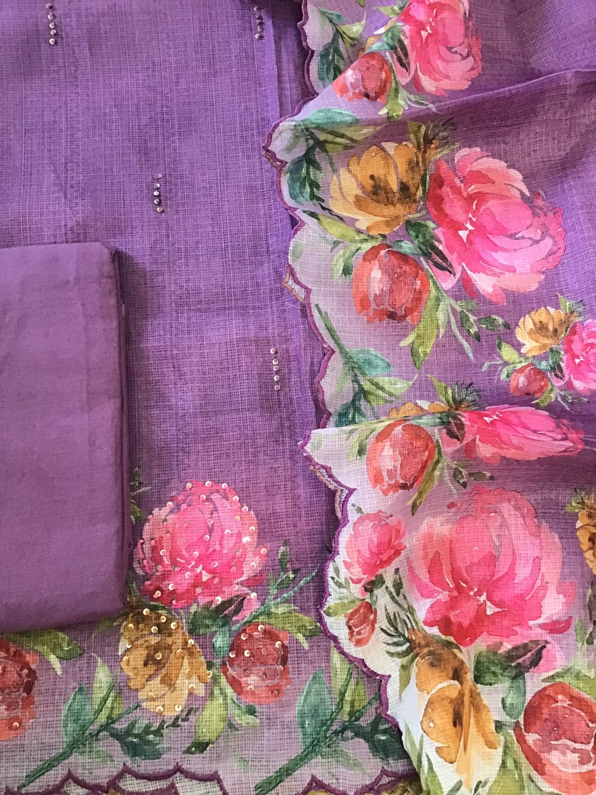 Soft Kota Silk Printed Embroidered Suit - Violet