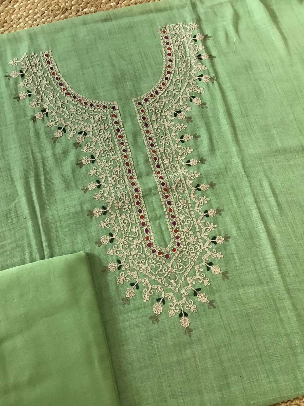 Soft Linen Jute cotton Printed Embroidered Suit - Green