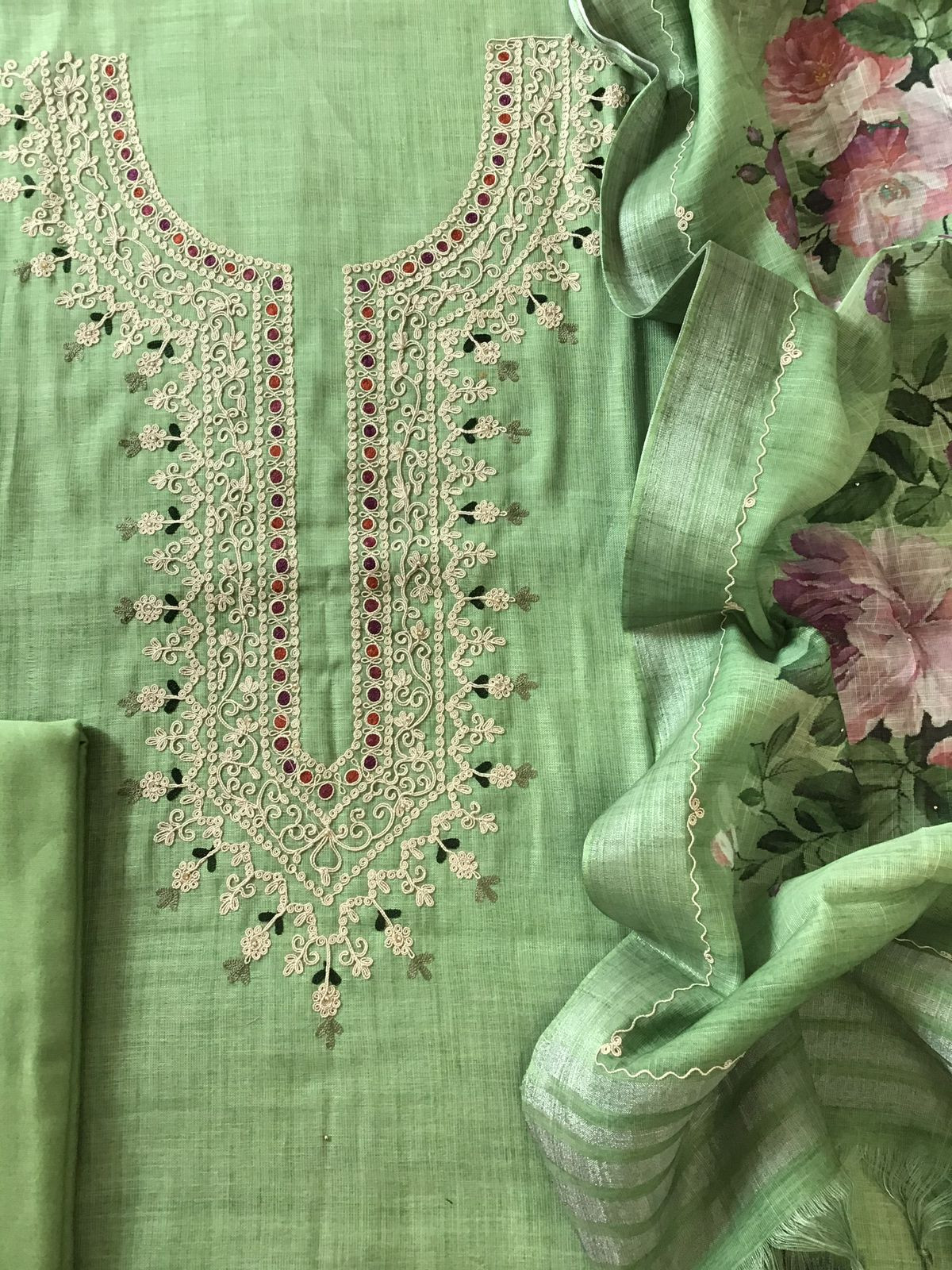 Soft Linen Jute cotton Printed Embroidered Suit - Green