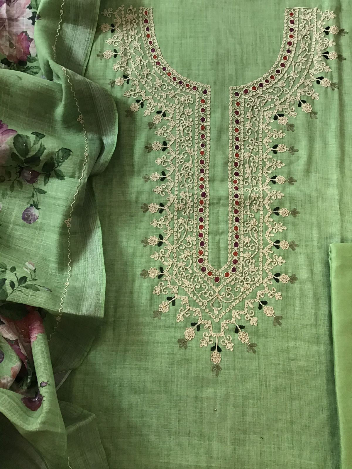 Soft Linen Jute cotton Printed Embroidered Suit - Green
