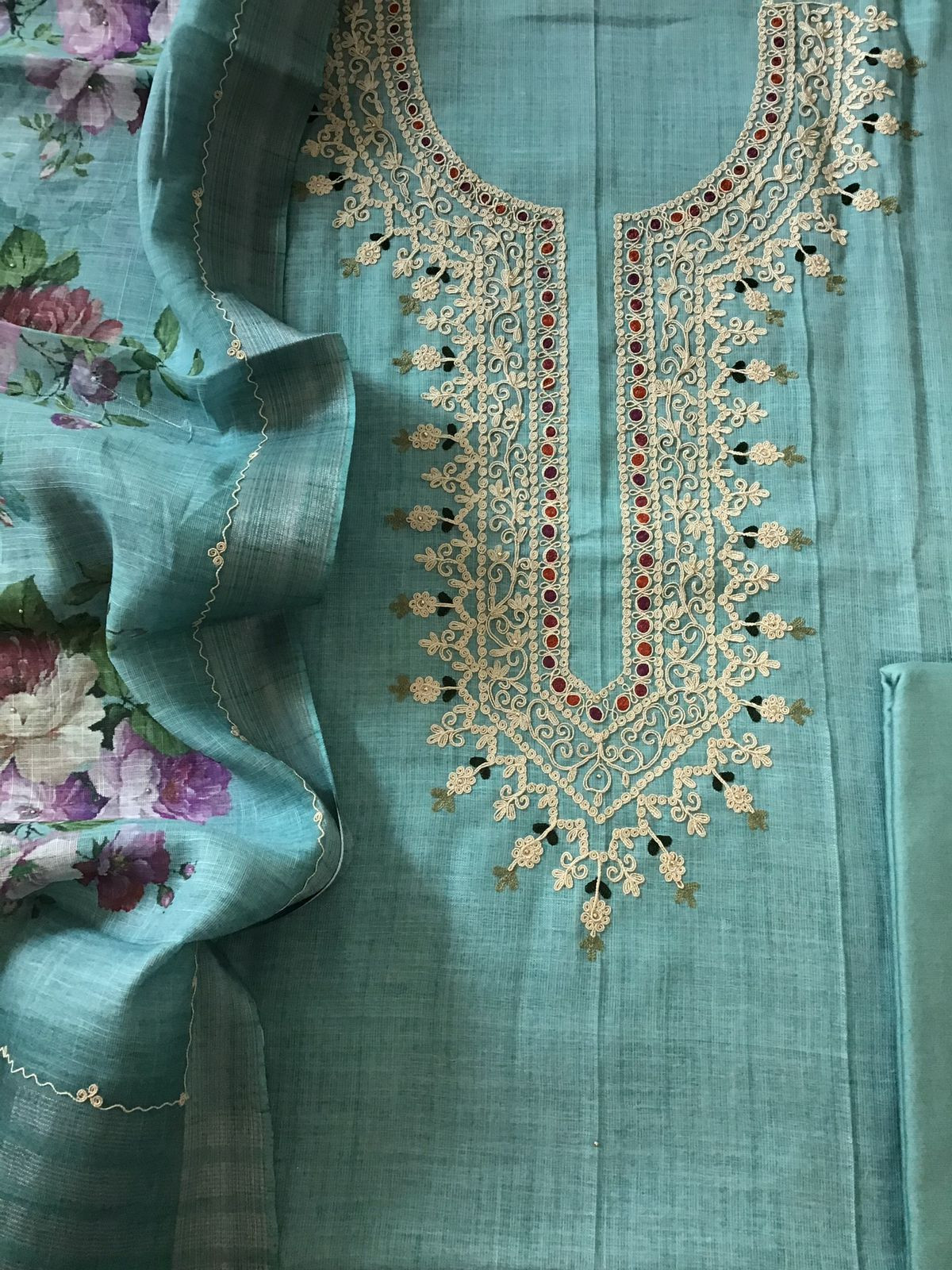 Soft Linen Jute cotton Printed Embroidered Suit - Blue