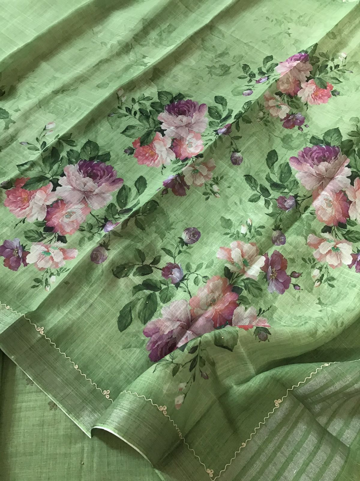 Soft Linen Jute cotton Printed Embroidered Suit - Green