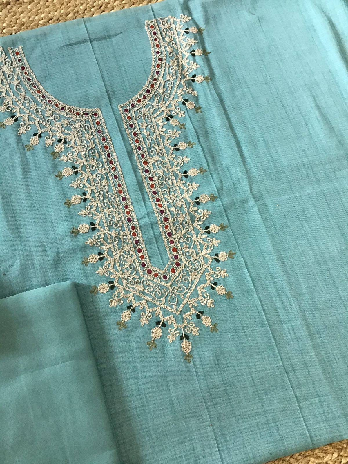 Soft Linen Jute cotton Printed Embroidered Suit - Blue