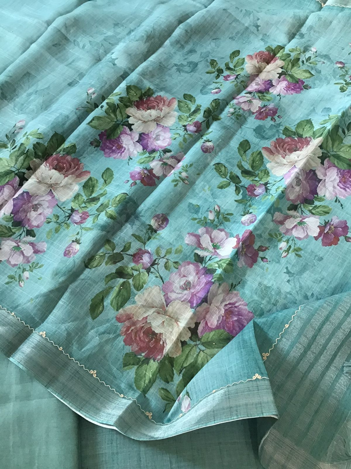 Soft Linen Jute cotton Printed Embroidered Suit - Blue