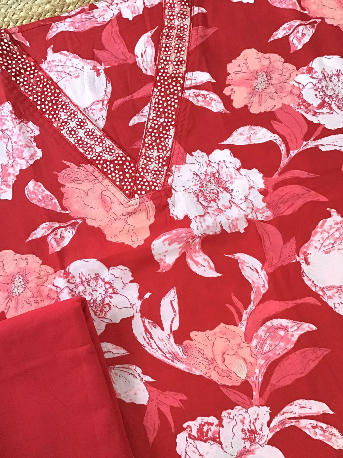 Pure Cotton Printed Embroidered Suit - Red