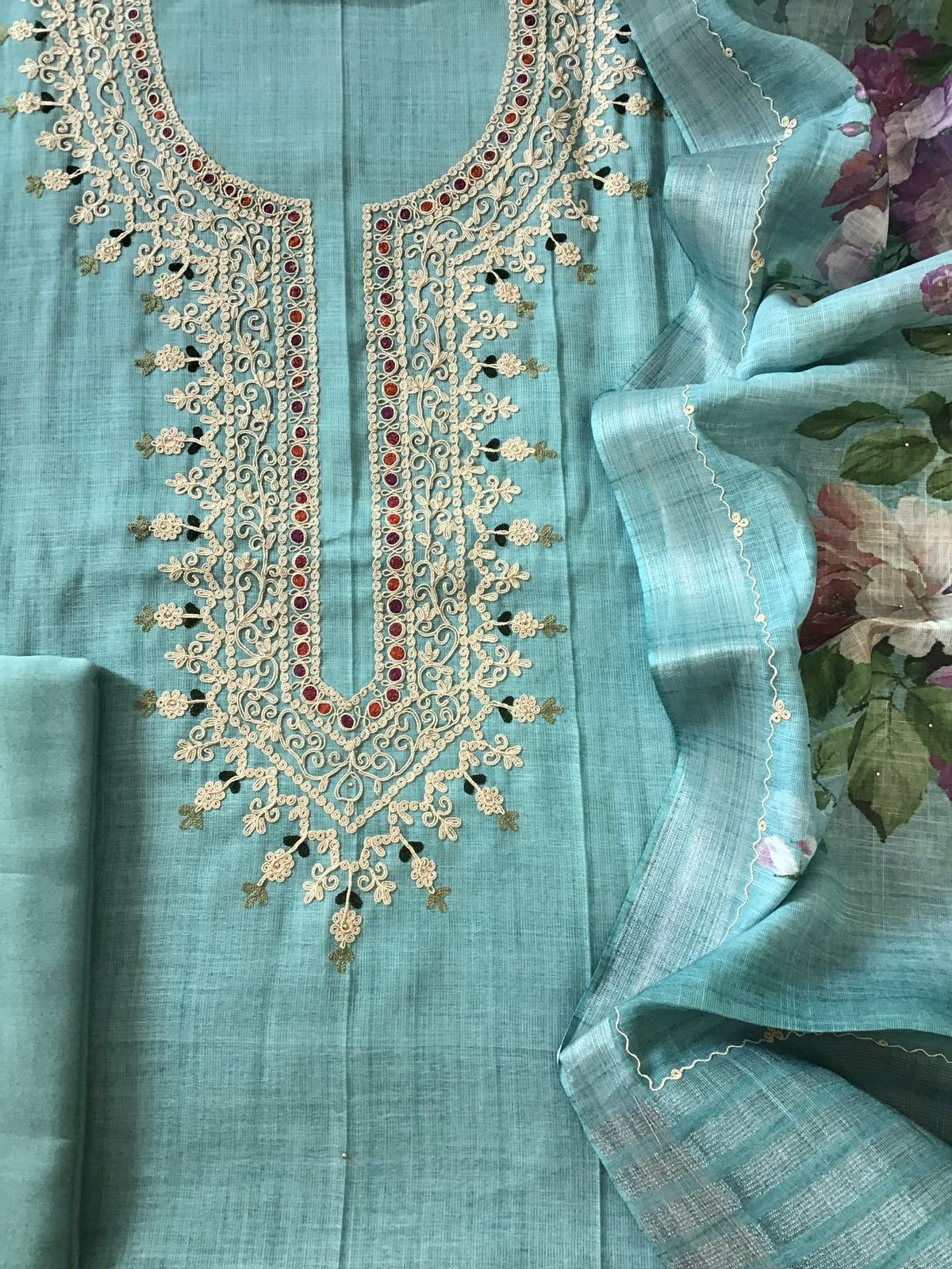 Soft Linen Jute cotton Printed Embroidered Suit - Blue