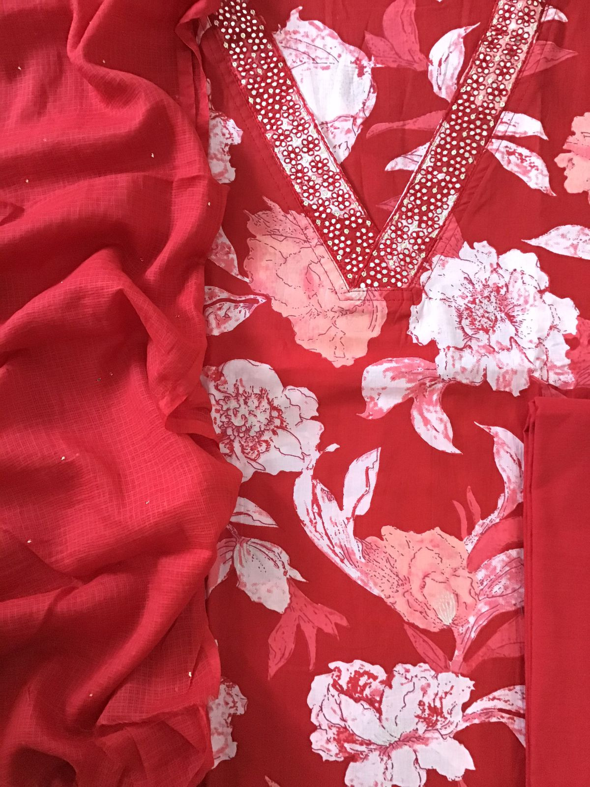 Pure Cotton Printed Embroidered Suit - Red