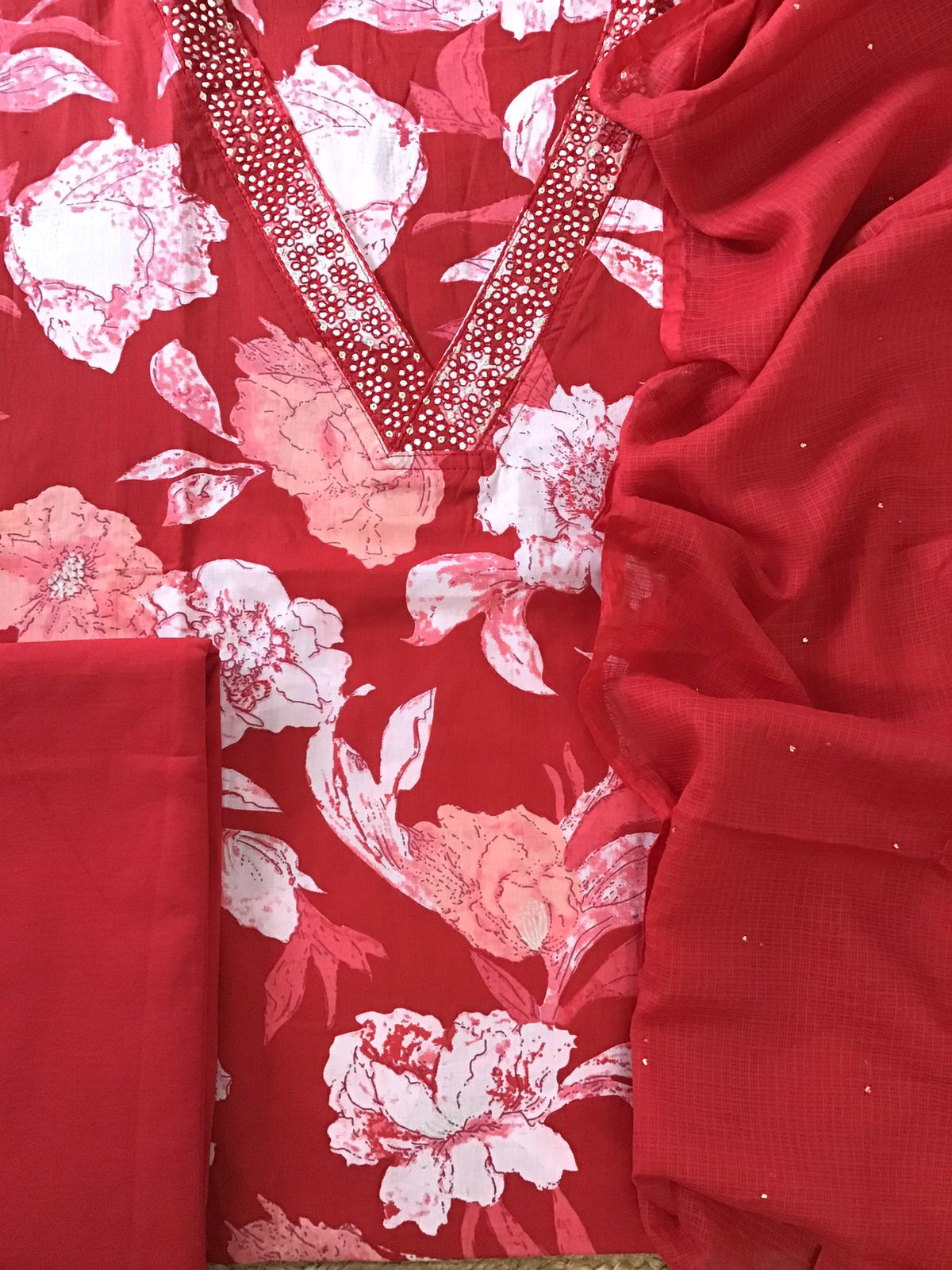 Pure Cotton Printed Embroidered Suit - Red