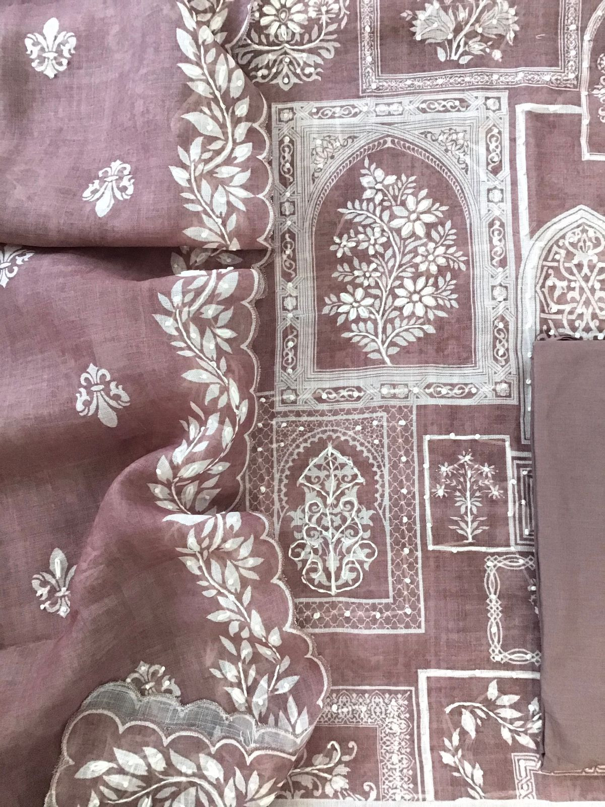 Soft Linen Jute Cotton Printed Embroidered Suit - Onion Pink