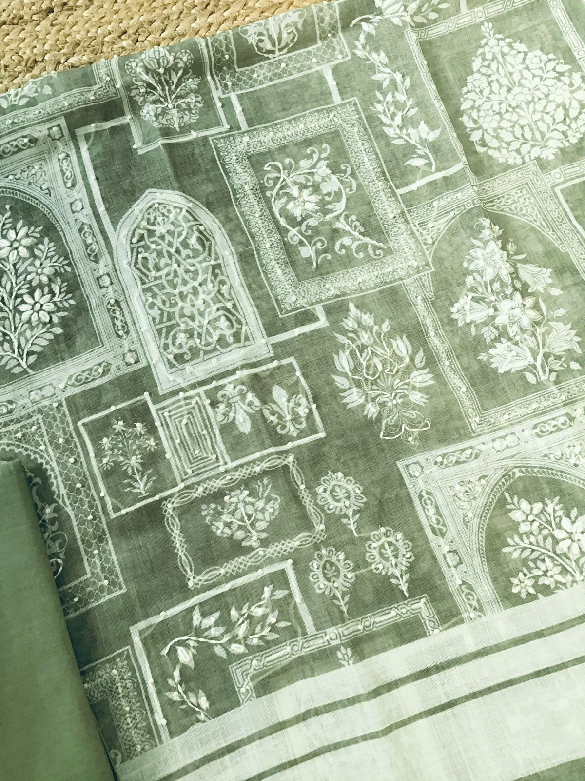 Soft Linen Jute Cotton Printed Embroidered Suit - Green