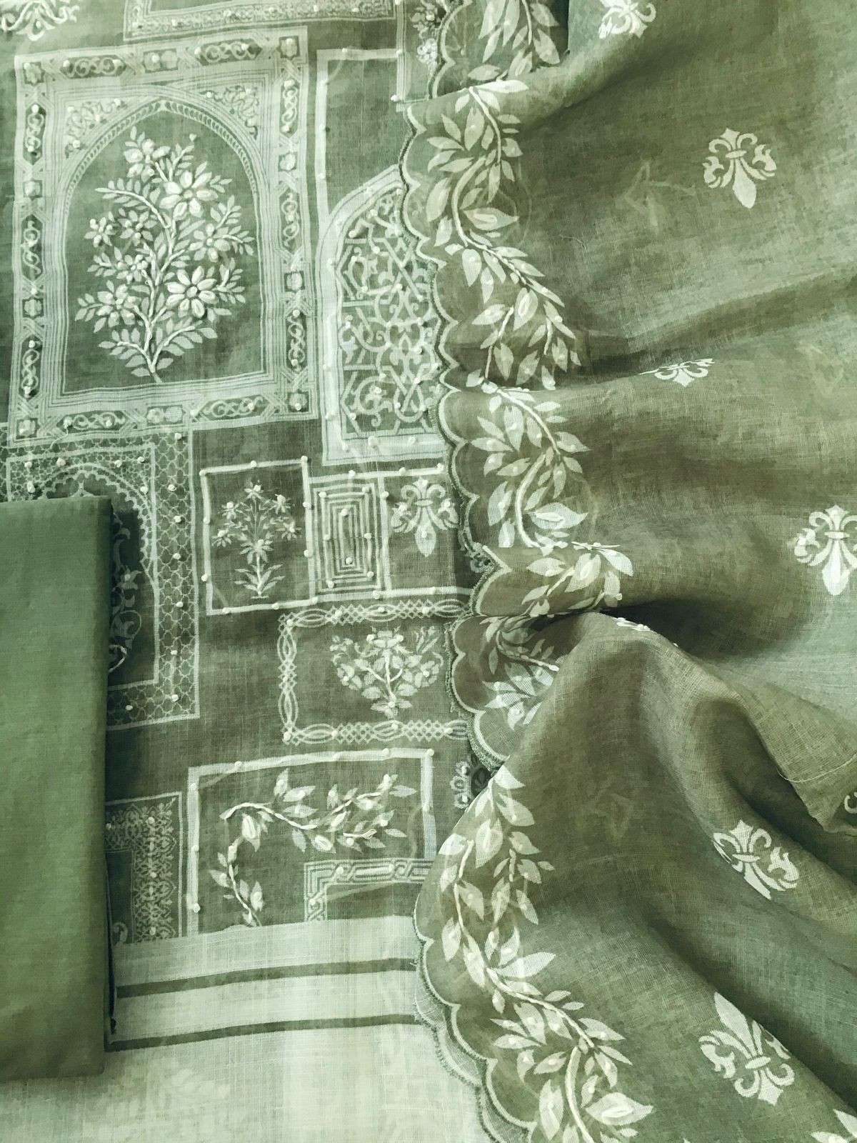 Soft Linen Jute Cotton Printed Embroidered Suit - Green