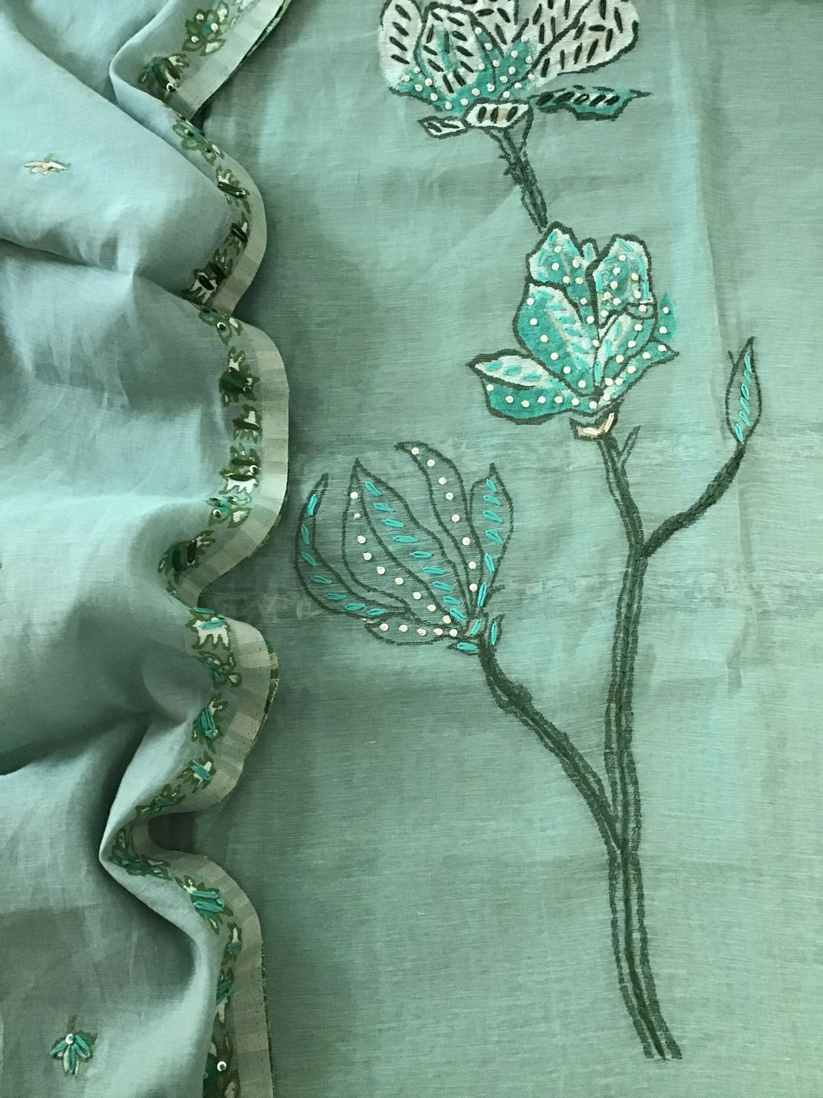 Soft Slub Chanderi Jamdani Weaved Embroidered Suit - Green