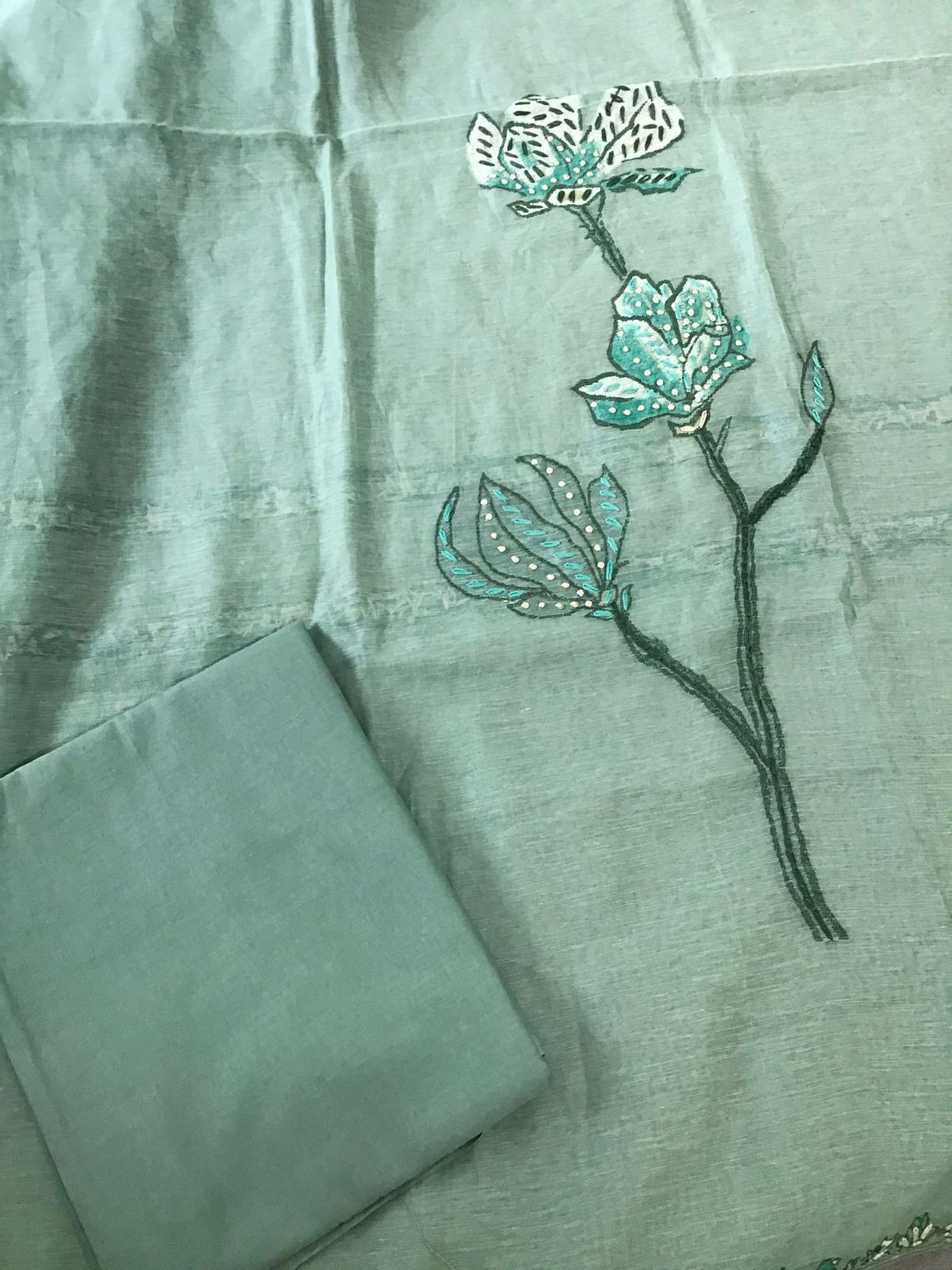 Soft Slub Chanderi Jamdani Weaved Embroidered Suit - Green