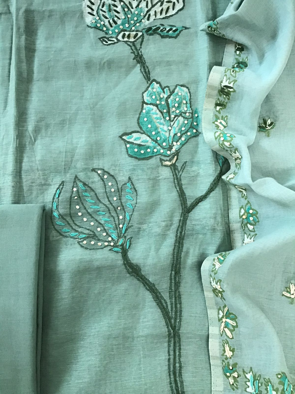 Soft Slub Chanderi Jamdani Weaved Embroidered Suit - Green