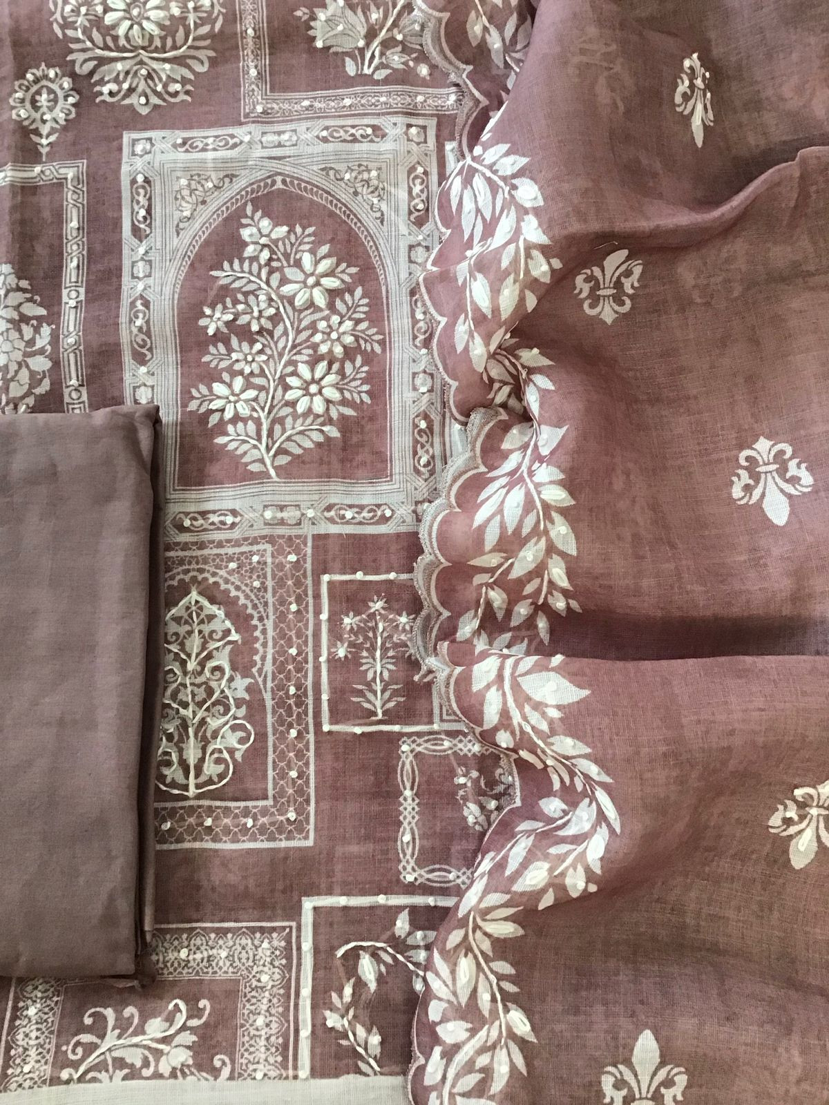 Soft Linen Jute Cotton Printed Embroidered Suit - Onion Pink