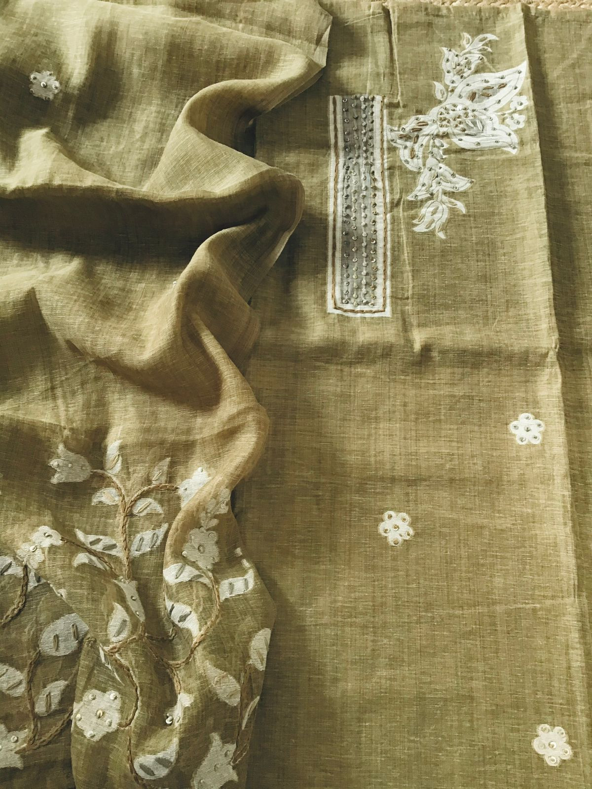 Soft Slub Chanderi Jamdani Weaved Embroidered Suit - Golden Brown