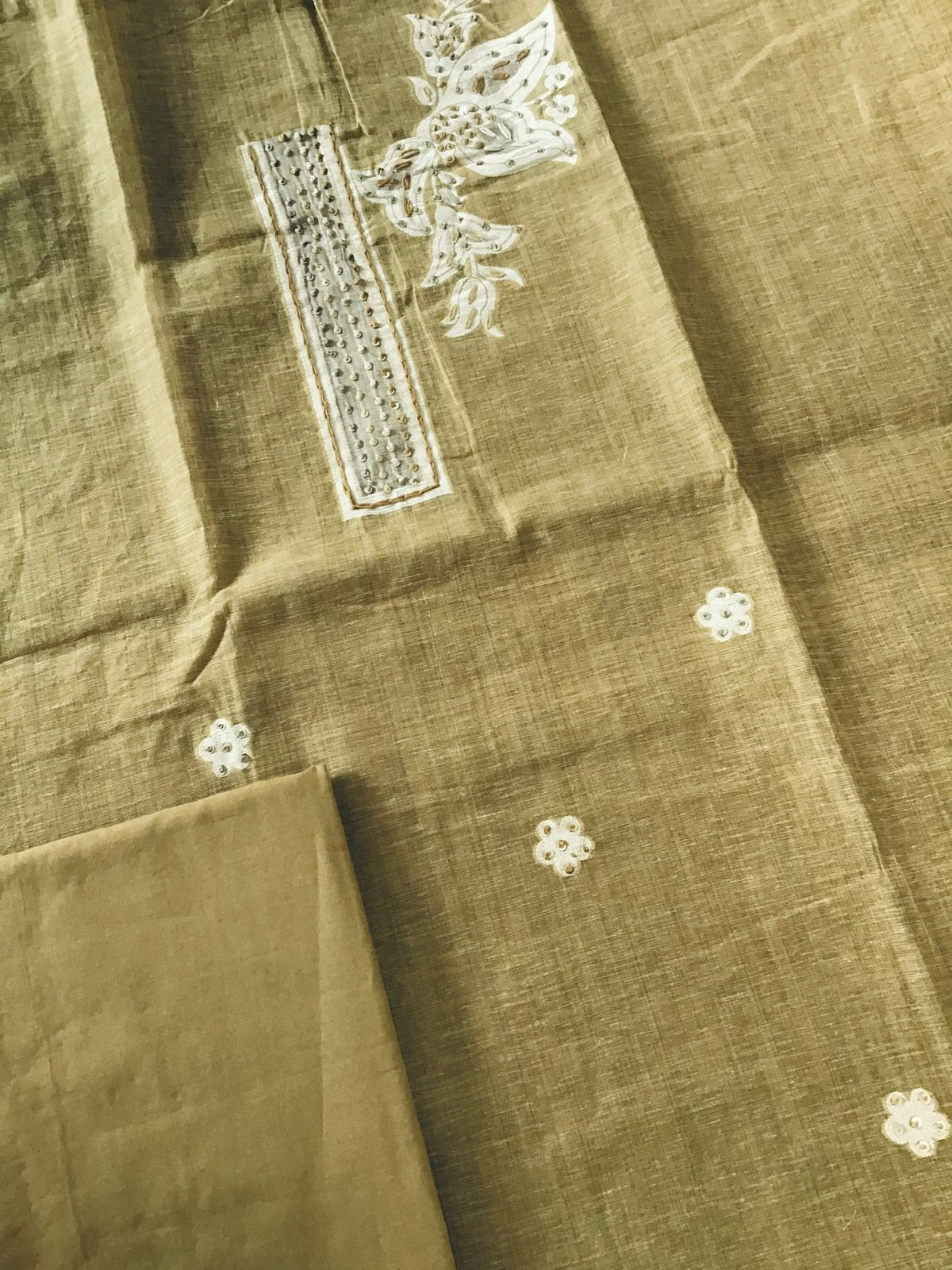 Soft Slub Chanderi Jamdani Weaved Embroidered Suit - Golden Brown