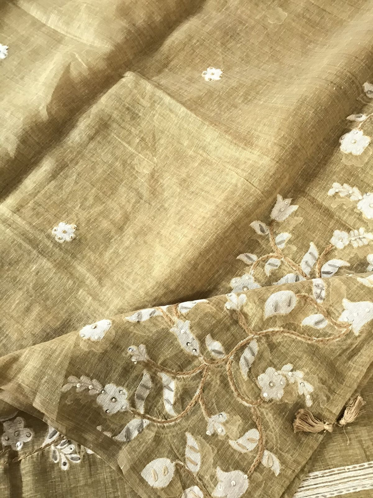 Soft Slub Chanderi Jamdani Weaved Embroidered Suit - Golden Brown