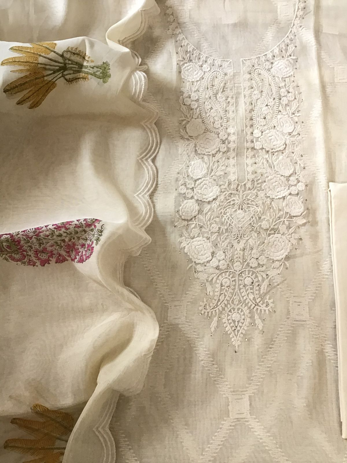 Pure Chanderi Jamdani Weaved Embroidered Suit - Offwhite