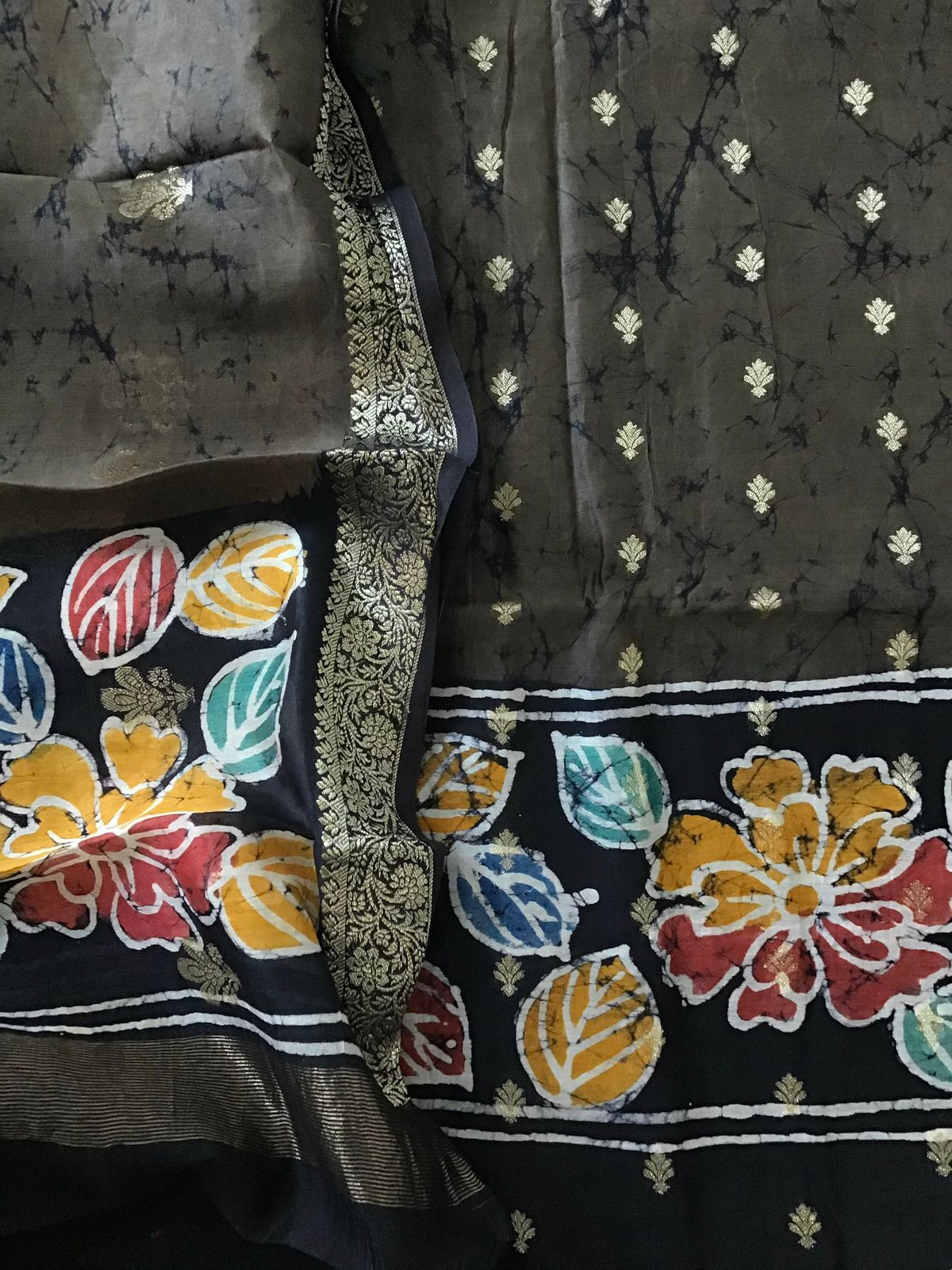 Pure Chanderi Batik Printed Banarasi Weaved Suit - Olive