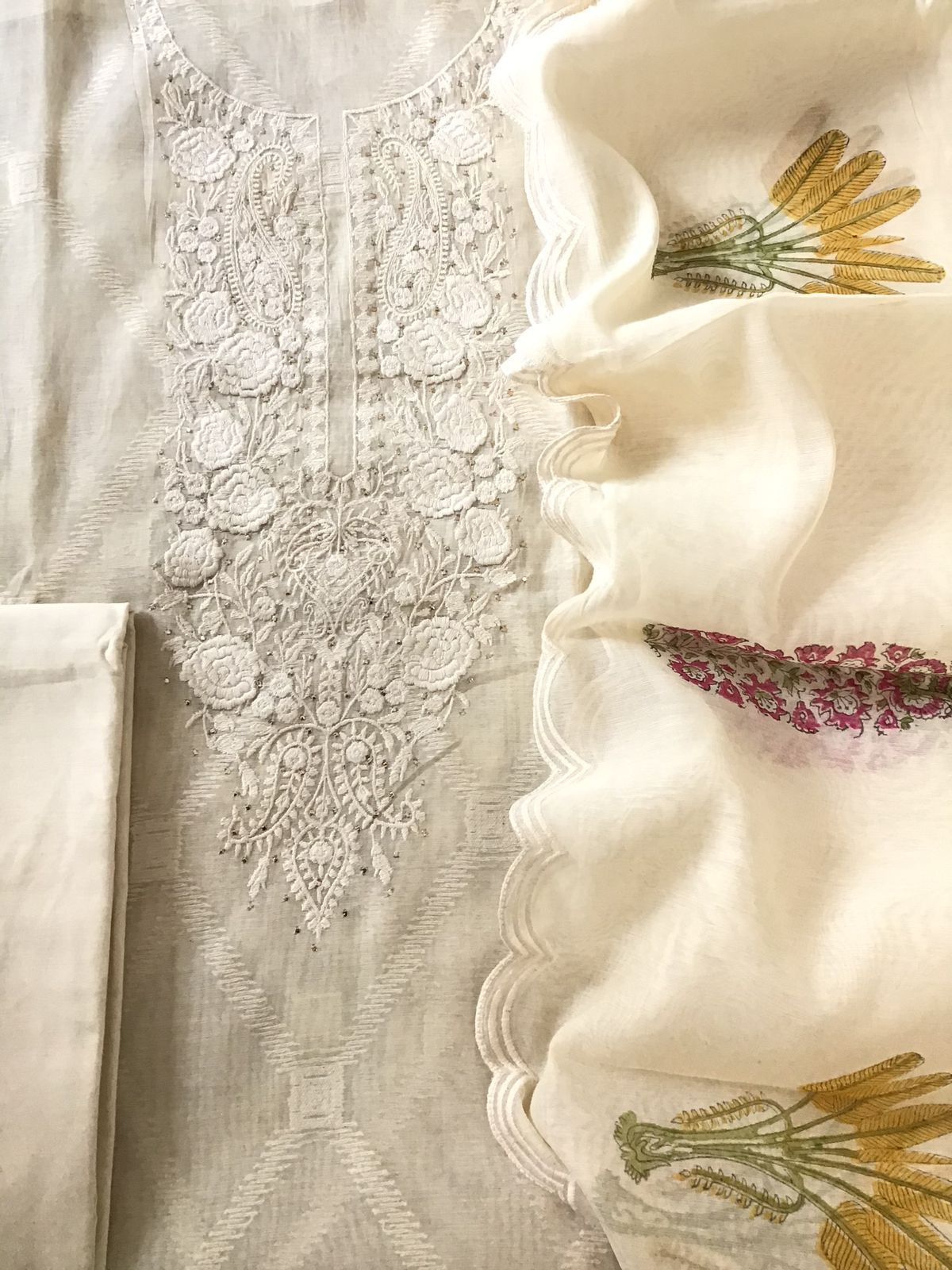 Pure Chanderi Jamdani Weaved Embroidered Suit - Offwhite