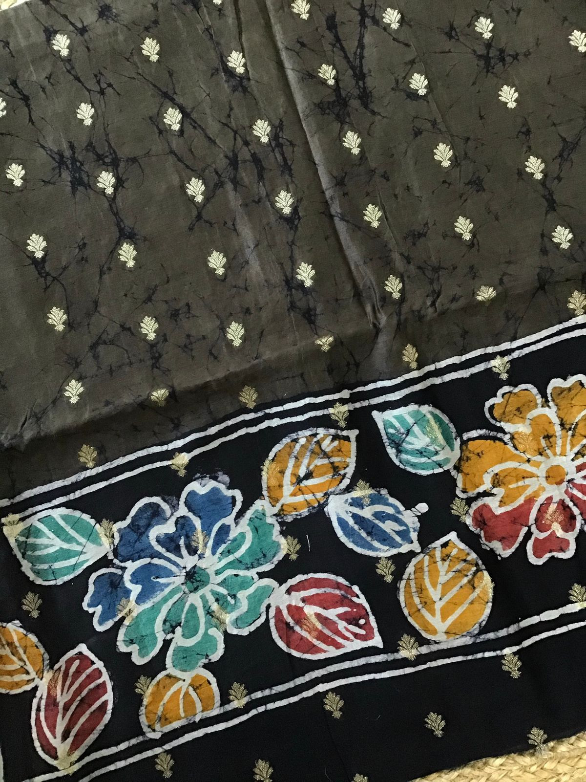 Pure Chanderi Batik Printed Banarasi Weaved Suit - Olive