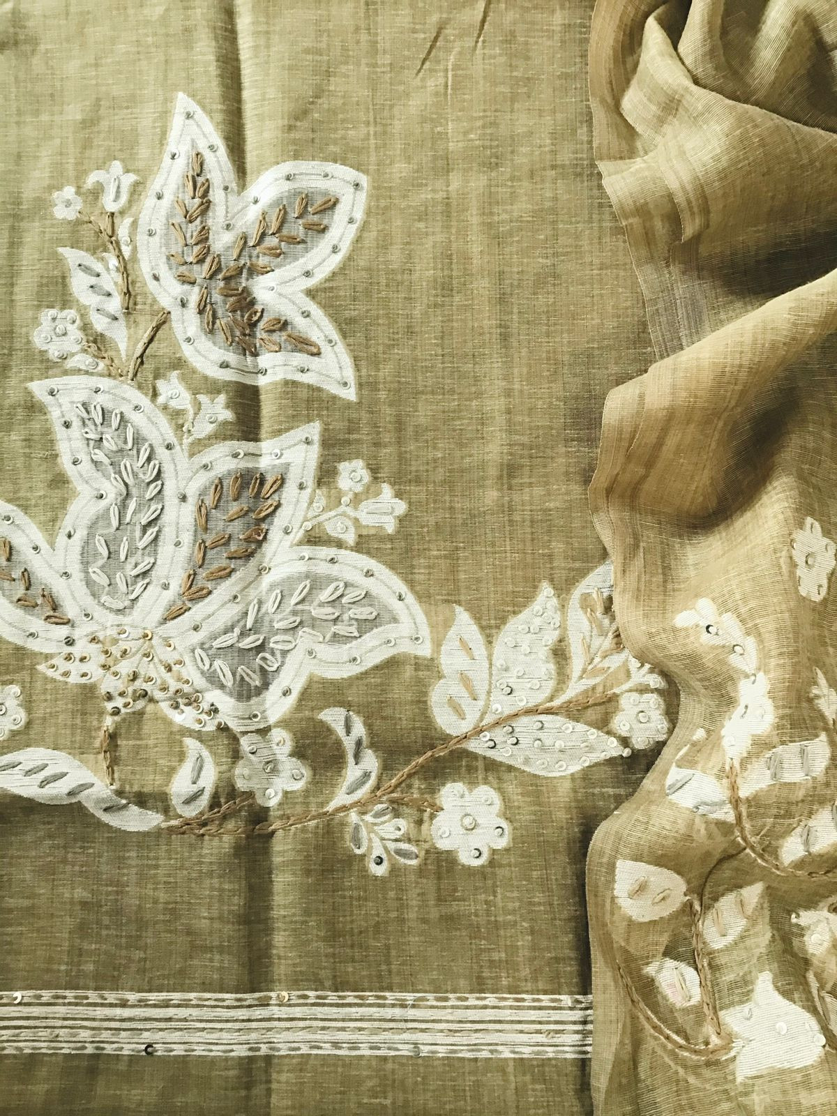 Soft Slub Chanderi Jamdani Weaved Embroidered Suit - Golden Brown