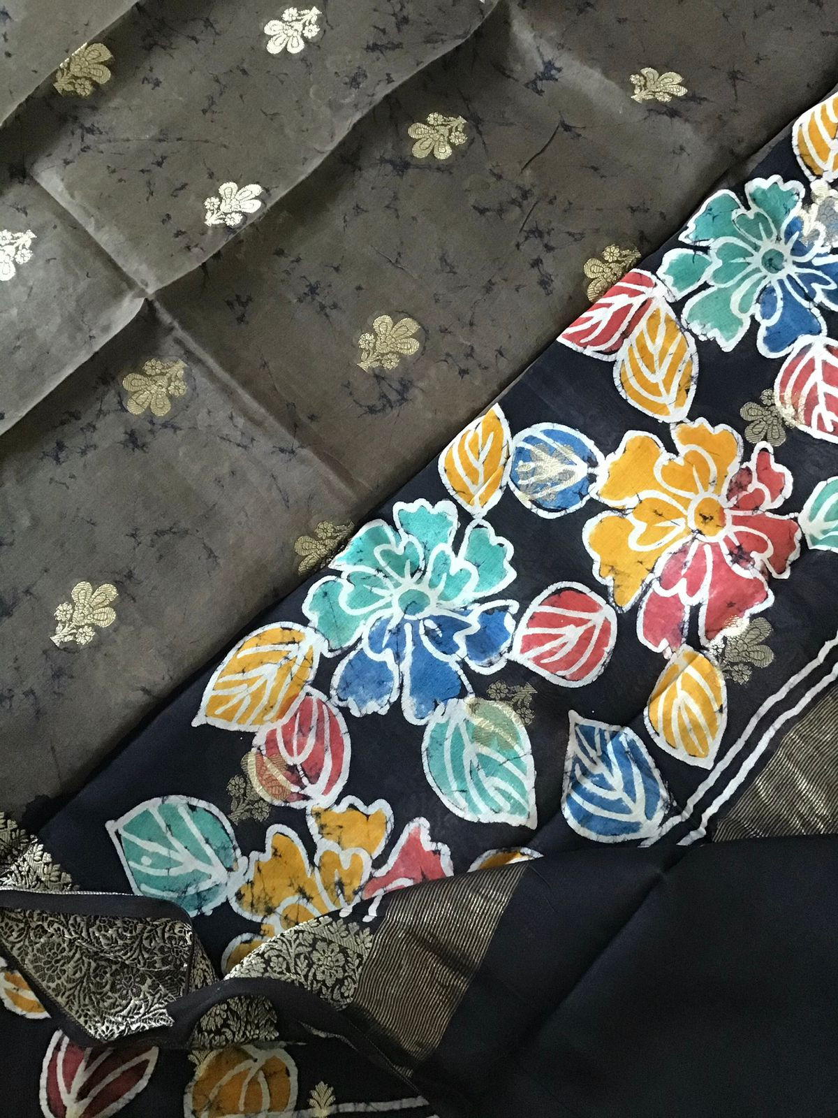 Pure Chanderi Batik Printed Banarasi Weaved Suit - Olive