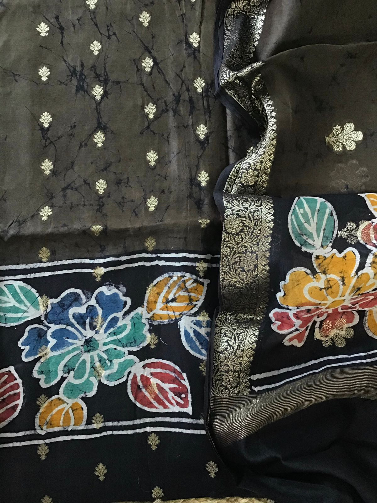 Pure Chanderi Batik Printed Banarasi Weaved Suit - Olive