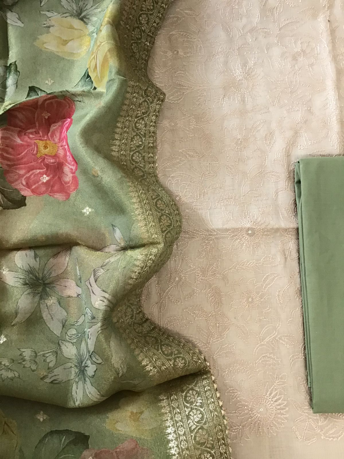 Pure Chanderi Embroidered Suit - Beige