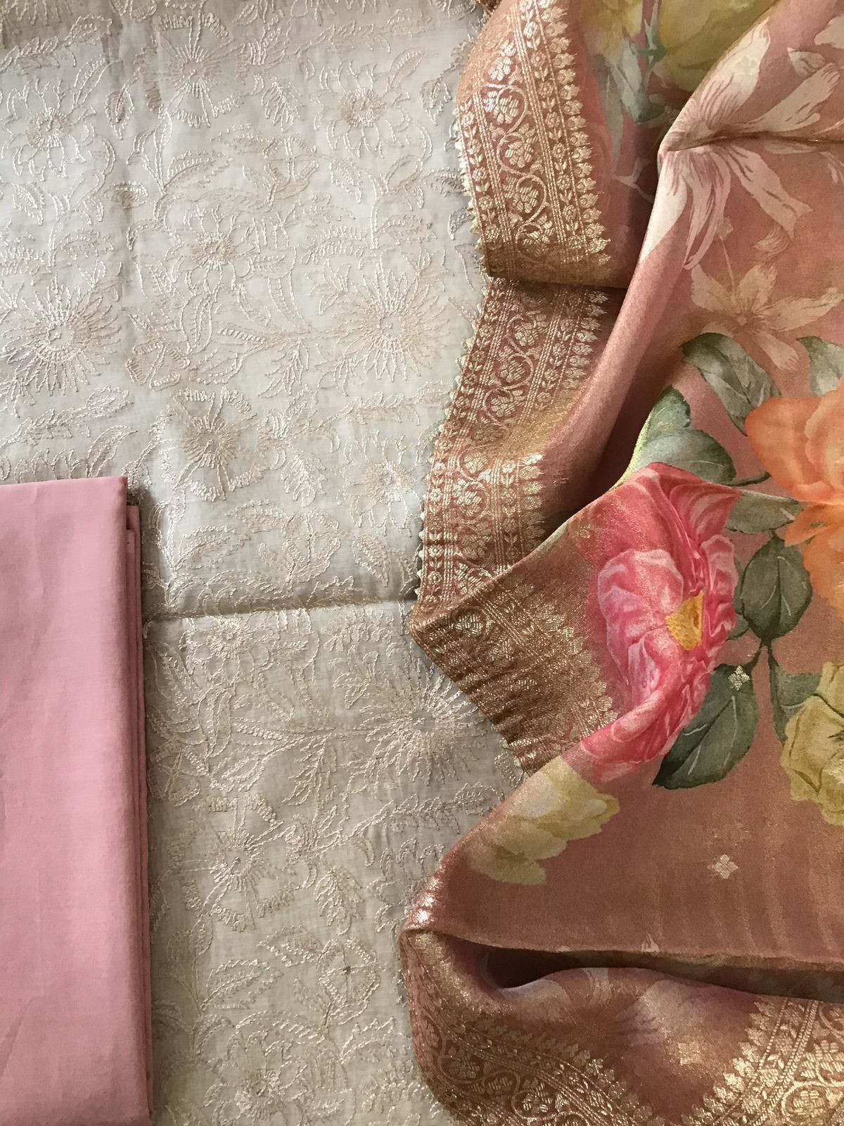 Pure Chanderi Embroidered Suit - Beige