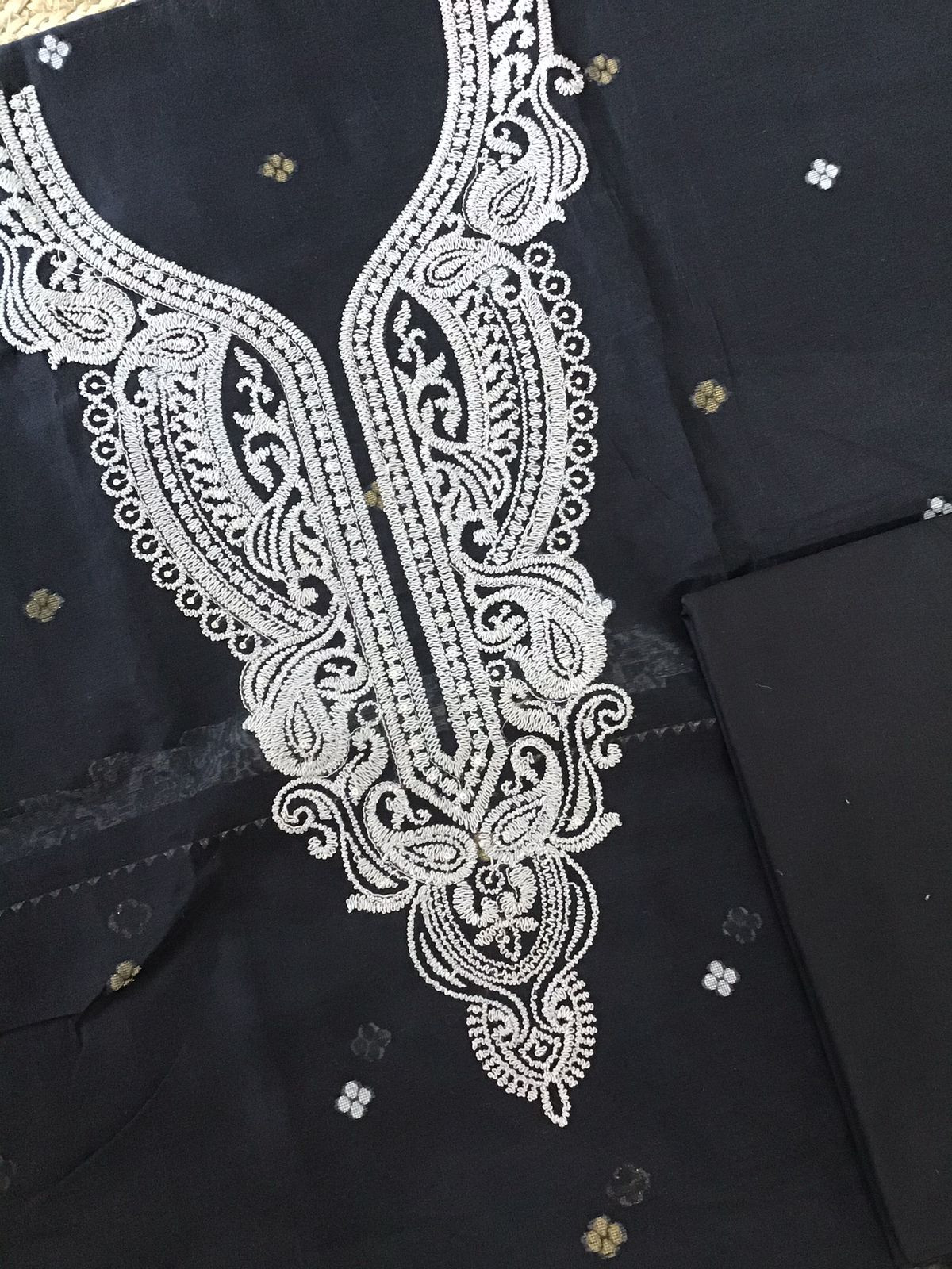 Soft Slub Jamdani Weaved Chanderi Embroidered Suit - Black