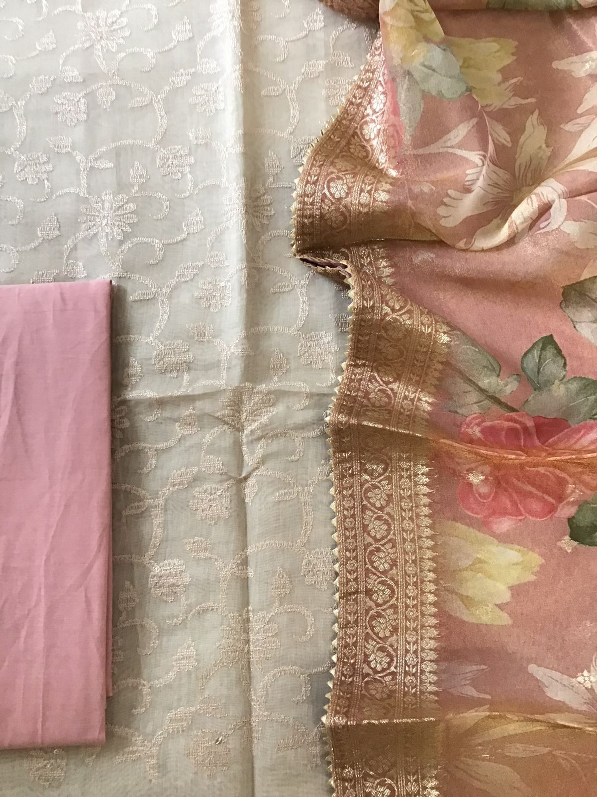 Pure Chanderi Embroidered Suit - Beige