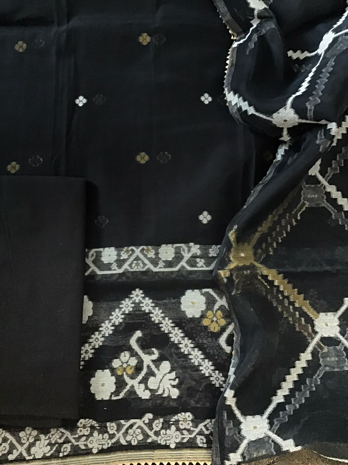 Soft Slub Jamdani Weaved Chanderi Embroidered Suit - Black