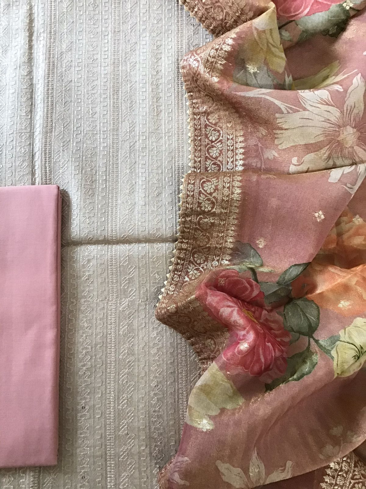 Pure Chanderi Embroidered Suit - Beige