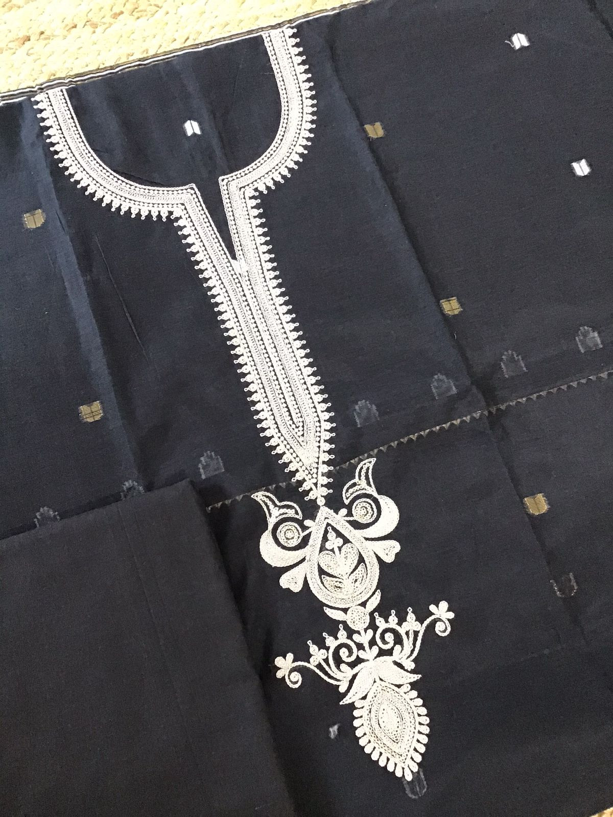 Soft Slub Jamdani Weaved Chanderi Embroidered Suit - Black