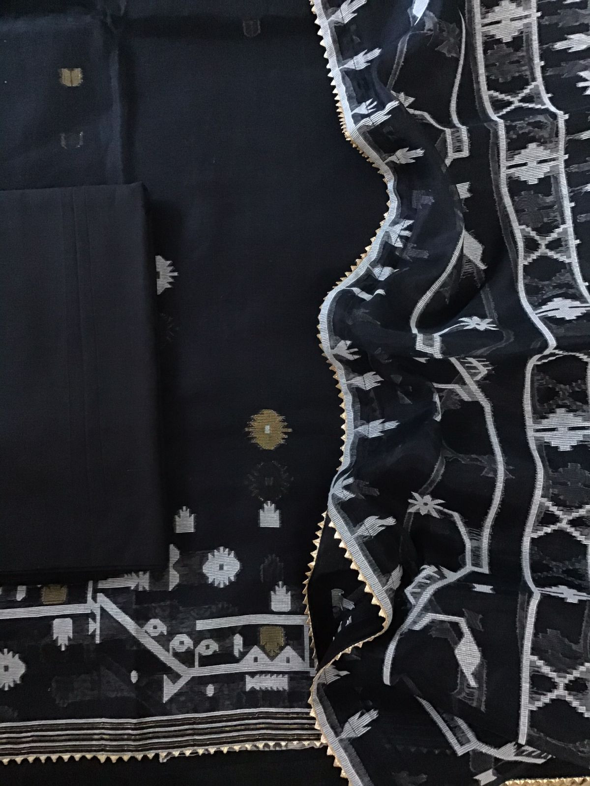 Soft Slub Jamdani Weaved Chanderi Embroidered Suit - Black