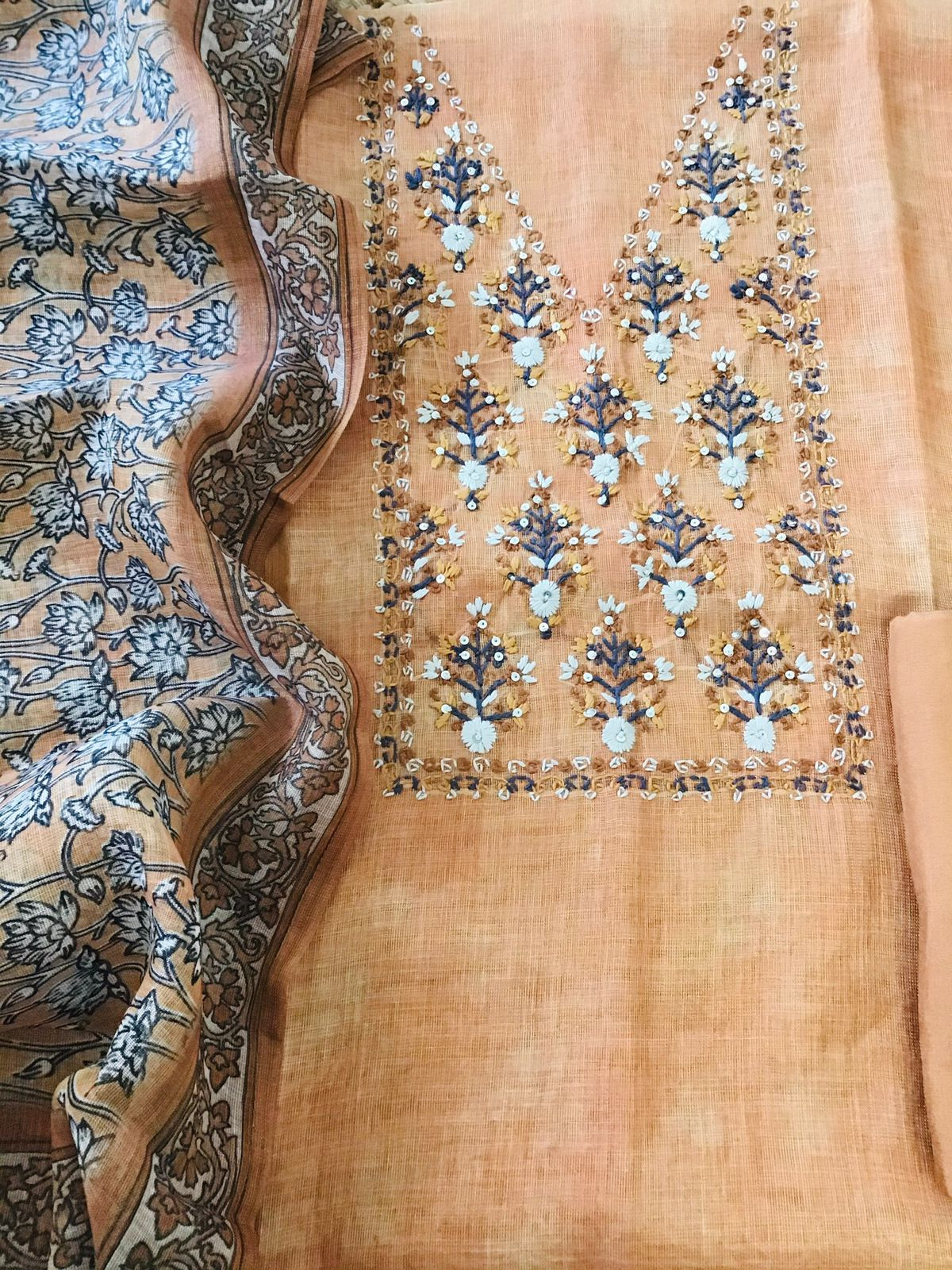 Soft Tissue Slub Cotton Printed Embroidered Suit - Orange