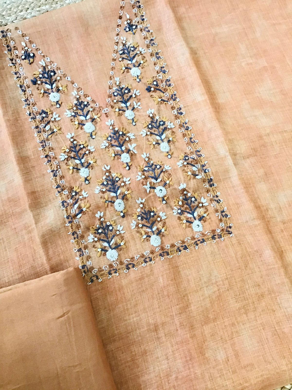 Soft Tissue Slub Cotton Printed Embroidered Suit - Orange