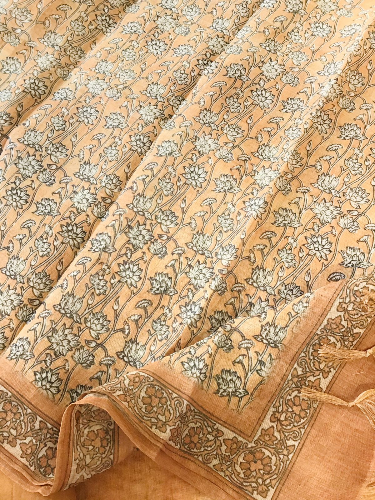 Soft Tissue Slub Cotton Printed Embroidered Suit - Orange