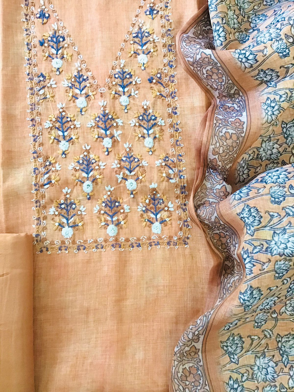 Soft Tissue Slub Cotton Printed Embroidered Suit - Orange