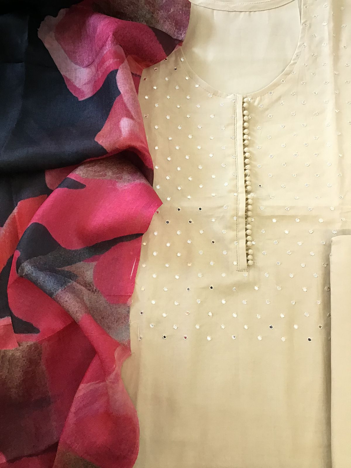 Pure Cotton Embroidered Suit - Beige