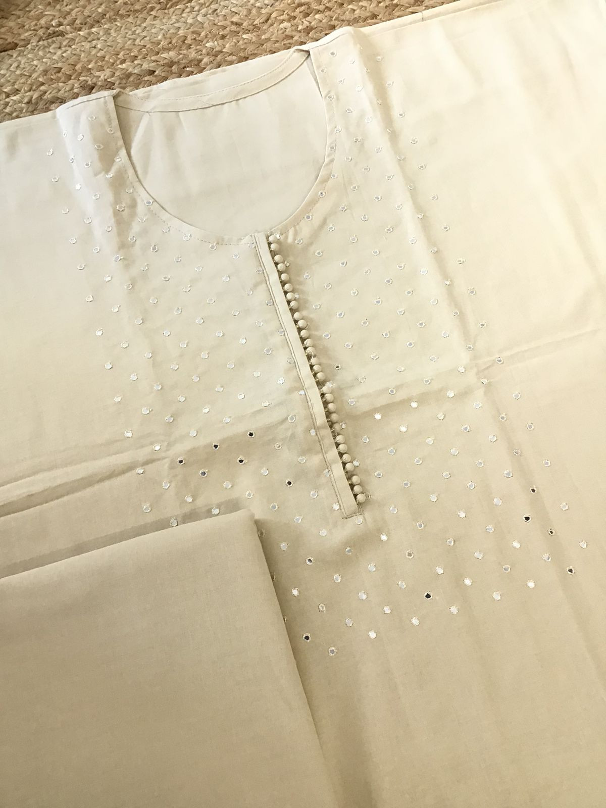 Pure Cotton Embroidered Suit - Beige