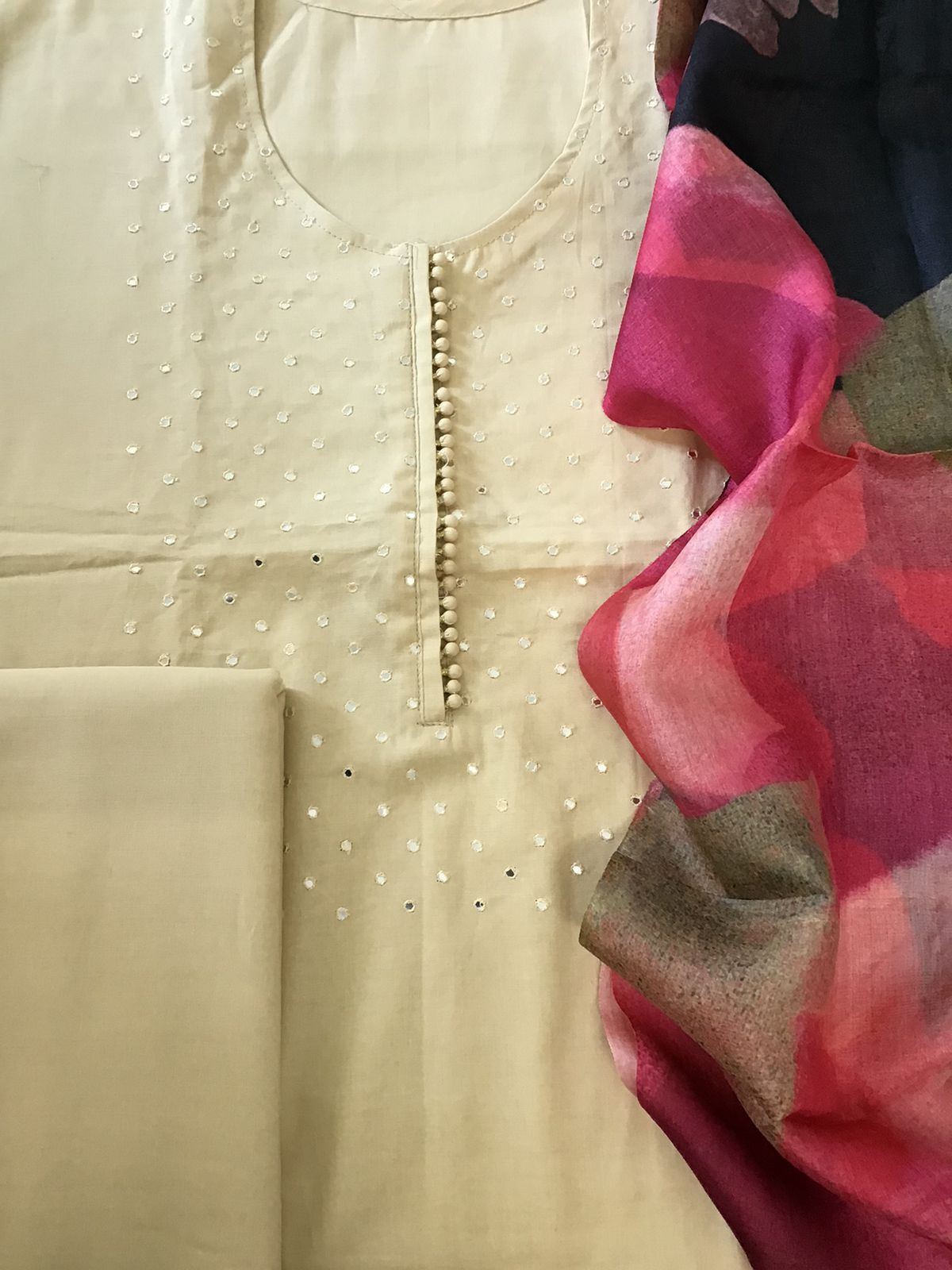 Pure Cotton Embroidered Suit - Beige