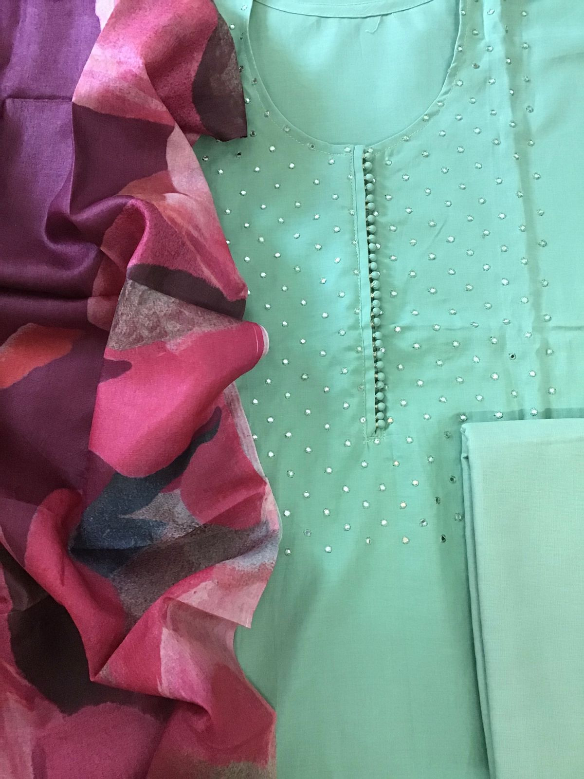 Pure Cotton Embroidered Suit - Green