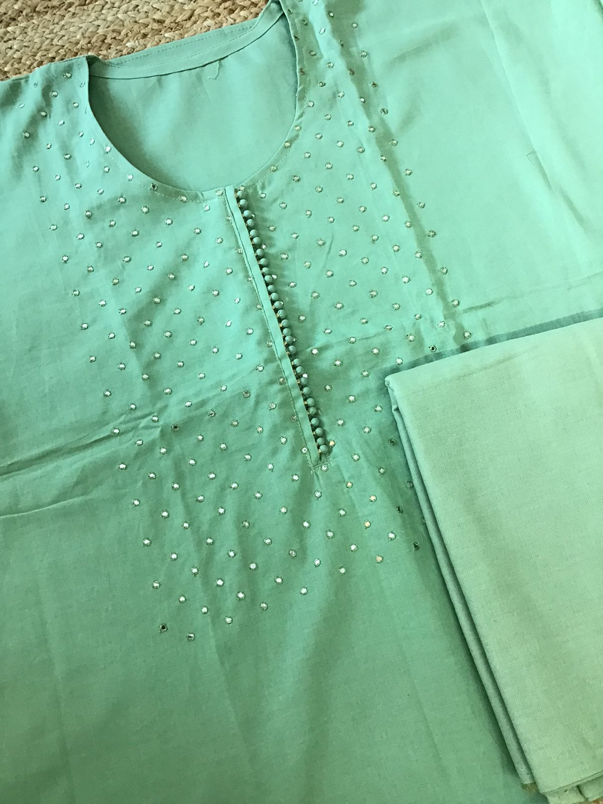 Pure Cotton Embroidered Suit - Green