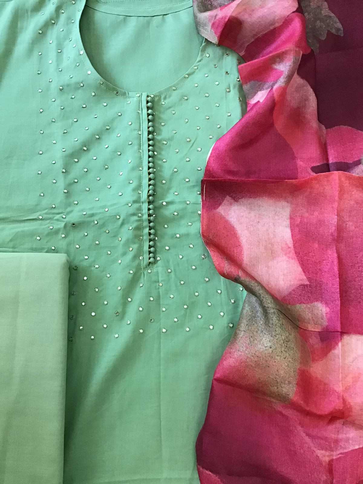 Pure Cotton Embroidered Suit - Green