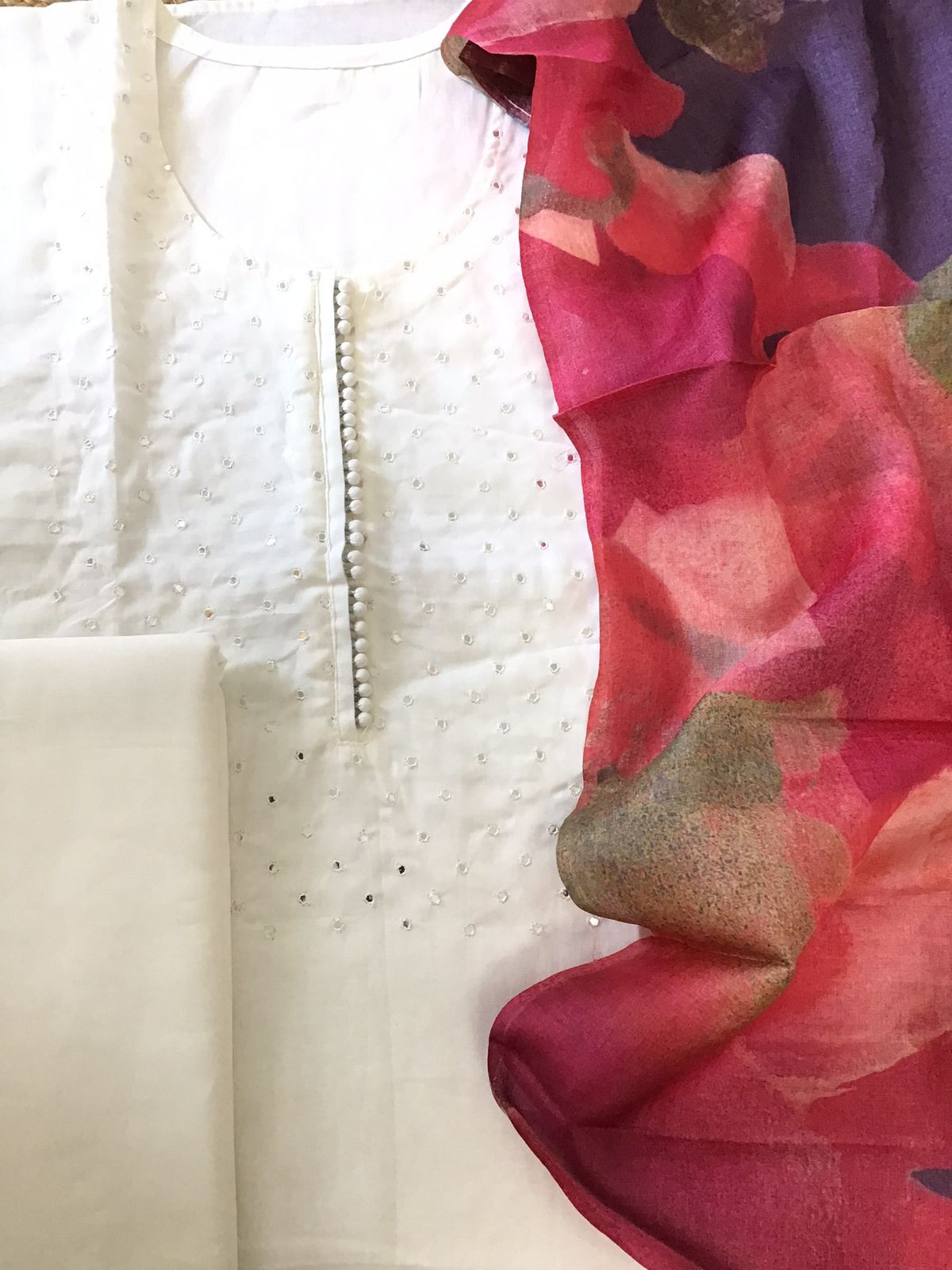 Pure Cotton Embroidered Suit - White