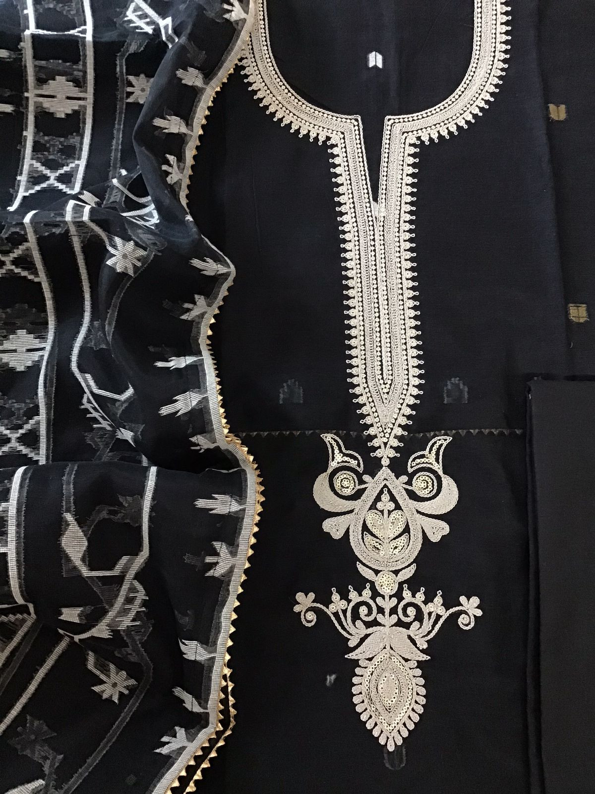 Soft Slub Jamdani Weaved Chanderi Embroidered Suit - Black