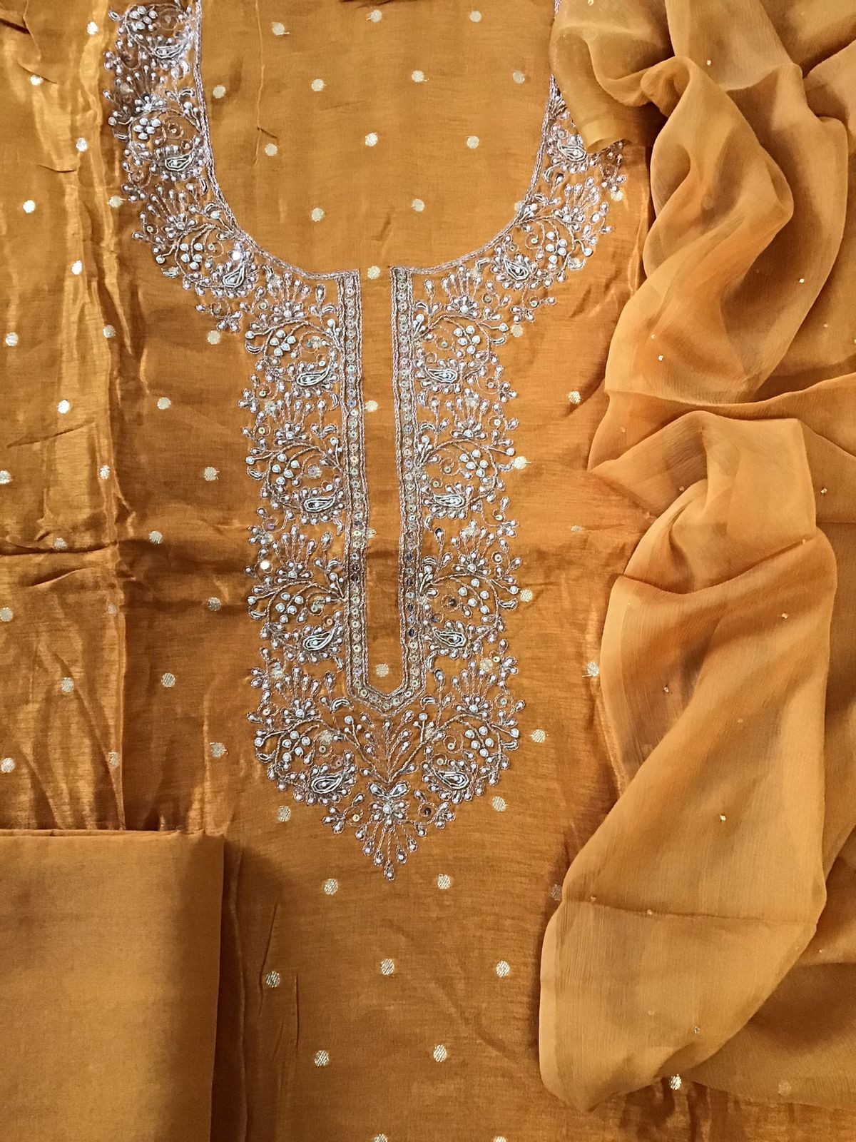 Pure Upada Silk Embroidered Suit - Orange